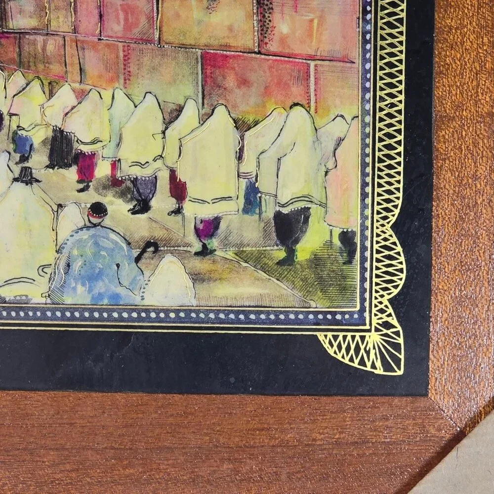 Vintage Framed Israeli Wall Art Of The Western Wall With Worshippers, 16